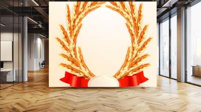 Ripe yellow wheat ears with red ribbons. Vector background Wall mural