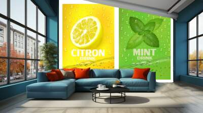 Set of labels with fruit drink. Fresh fruits juice splashing together- watermelon, citron, mint, mango juice drink splashing. Vector. Wall mural