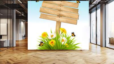 Summer nature background with grass, flowers and wooden sign. Ve Wall mural