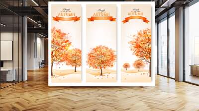 three autumn abstract banners with colorful leaves and trees. ve Wall mural