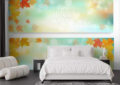 Two abstract autumn banners with color leaves.Vector Wall mural