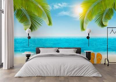 Vacation background. Beach with palm trees and blue sea. Vector. Wall mural