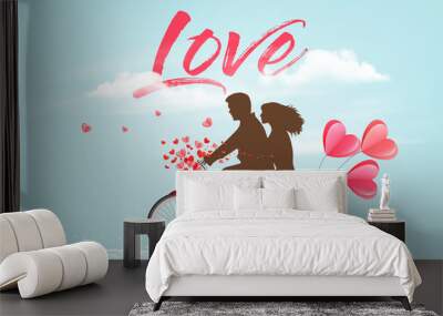 Valentine's Day background with a heart ballons and a bicycle with silhouelle. Vector. Wall mural