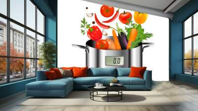 Vegetables falling into a pot. Healthy and diet food concept. Ve Wall mural