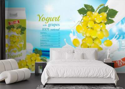 White yogurt with fresh grapes in box. Advertisment design template. Vector Wall mural