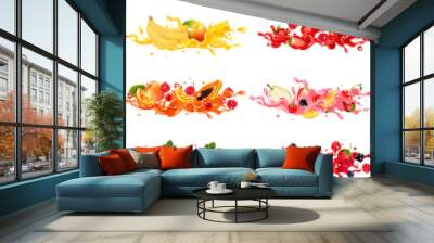 Whole and slice of berries and fruit in a jiuce.  Strawberries, raspberries, cherries, blueberries, passion fruit, banana, mango, papaya, kiwi in a wave of juice with splashes. Vector set. Wall mural