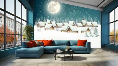 Winter village night background. Vector. Wall mural