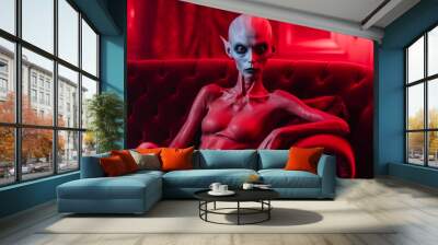 a red evilish vampire woman, sitting in a luxury couch, created with generative ai Wall mural