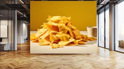 crunchy tortillas or nachos with cheese sauce on a yellow background, created with generative ai Wall mural