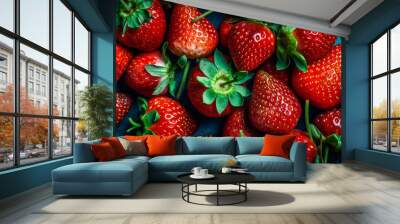 healthy and juicy strawberries on a blue plate, top view, close up, created with generative ai Wall mural