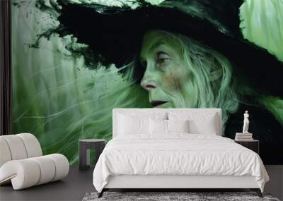 portrait of an old scary and ugly green witch with hat in a foggy background, fairy tale character Wall mural