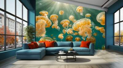 yellow jelly fishes in the sea, jellyfish underwater, marine life Wall mural