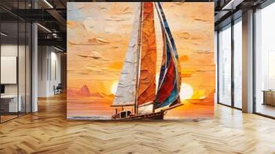 Illustration of sailing boat on the sea. Wall mural