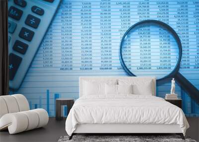 Spreadsheet bank accounts accounting with calculator and magnifying glass. Concept for financial fraud investigation, audit and analysis and risk assessment. Wall mural