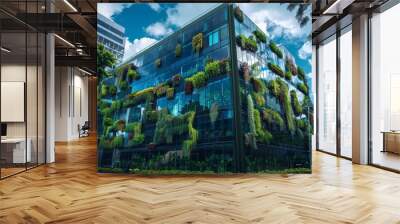 Sustainable green building. Eco-friendly building. Sustainable glass building with vertical garden reducing carbon dioxide. Green architecture. Green environment. Sustainable lifestyle. Generative AI Wall mural