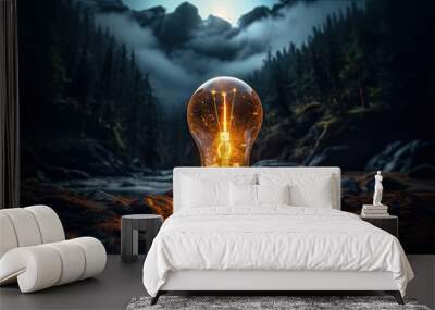 electric glowing incandescent light bulb glowing against the landscape Wall mural