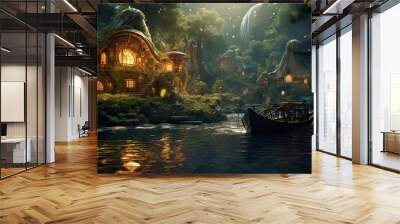 Enchanting fantasy village in the forest at night, reflected in the water, boat on a river, fantasy scenery Wall mural