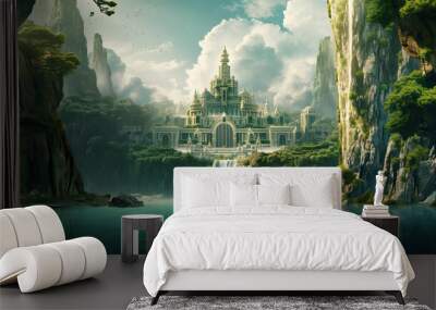 Fantasy castle in the forest with a cascading waterfall, fantasy scenery Wall mural