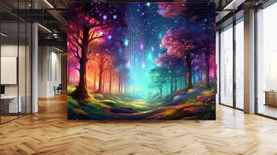 Glowing abstract forest landscape, fantasy dreamscape illustration Wall mural