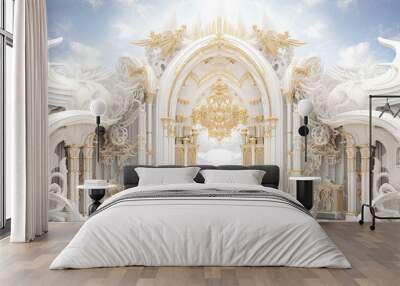 Pearly gates, heaven's gate, divine portal, palace in the clouds, background, white and gold Wall mural