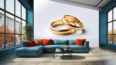 A pair of gold wedding rings, set against a solid color background, with concepts of love and marriage, Valentine's Day Wall mural