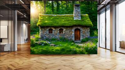 A separate small house on the grassland, a vacation home, wilderness life Wall mural