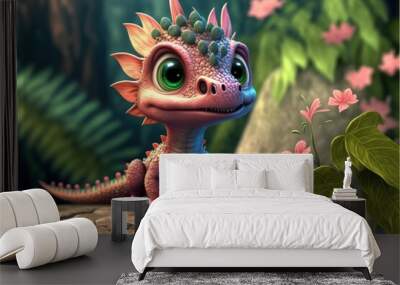 a cute adorable baby dragon lizard 3D Illustation stands in nature in the style of children-friendly cartoon animation fantasy style	 Wall mural