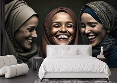 a group of Muslim arab women in hijab laughing out loud with happiness. This is a Royalty-free fictitious generative AI artwork that doesn't exist in real life.
 Wall mural