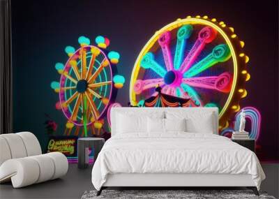 amusement park Funfair and carnival rides generative ai Funtime background with neon lights Wall mural