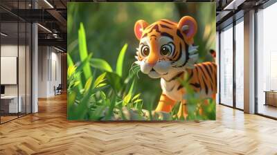 Cute Adorable Whimsical 3D Cartoon Baby Tiger Character in a Vibrant Natural Green Environment, Children-Friendly Fantasy Style Wall mural