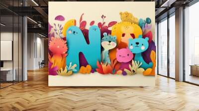 Letter N: Paper cut style illustration, colorful 3D whimsical, text 