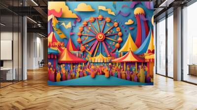 Papercut style illustration, colorful 2D whimsical scene capturing the excitement of a carnival or fair Wall mural