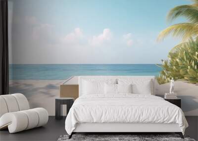 Serene Showcase: Empty Podium stage on a Tropical Beach to display summer product Generative AI Illustration Wall mural