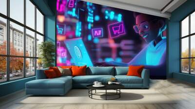 Smiling Character Using Laptop with Digital Shopping Mall Interface Wall mural