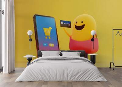 Smiling Character with Credit Card and Shopping Bag for Online Shopping Concept Wall mural