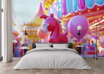 Whimsical 3D render of a colorful balloon animal parade at a carnival Wall mural