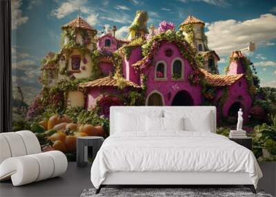 Whimsical 3D render of a fantasy farm with talking animals and oversized vegetables Wall mural