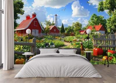 Whimsical 3D render of a fantasy farm with talking animals and oversized vegetables Wall mural