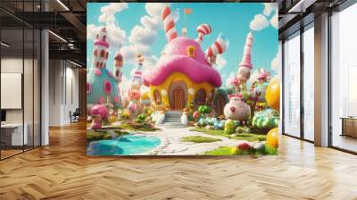 Whimsical 3D render of a fantasy farm with talking animals and oversized vegetables Wall mural