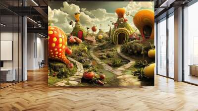 Whimsical 3D render of a fantasy farm with talking animals and oversized vegetables Wall mural