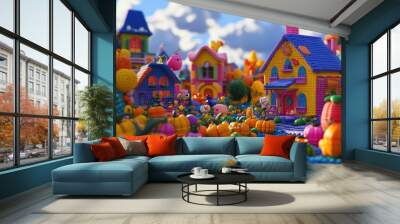 Whimsical 3D render of a fantasy farm with talking animals and oversized vegetables Wall mural