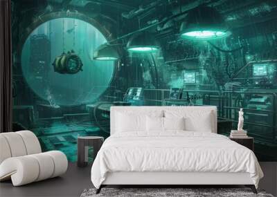 Futuristic underwater laboratory with advanced technology and mysterious glowing sphere, concept art for a sci-fi or cyberpunk video game or movie Wall mural