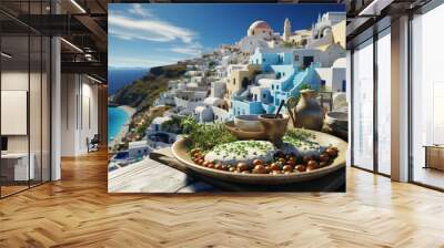 Greek gastronomy, traditional dishes feta, yogurt, tzatziki, moussaka, Greek salad and fish Wall mural