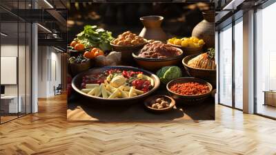 Traditional African cuisine delicacies, couscous, chicken, vegetables, hot spices and more Wall mural