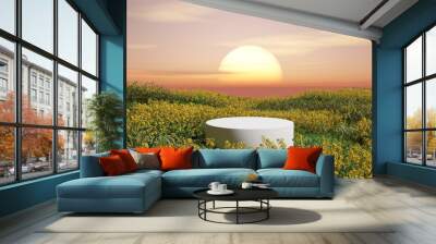 Abstact 3d render spring scene and Natural podium background,  White stone podium on the yellow flowers and grass field, backdrop sunset sky and clouds for product display advertising, cosmetic or etc Wall mural