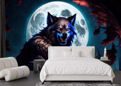 A savage werewolf  stands under a full moon.  Wall mural