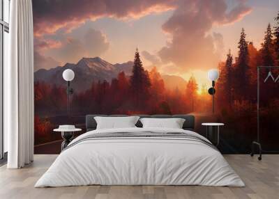 An open road winds its way to the mountains as the sun sets.  Wall mural