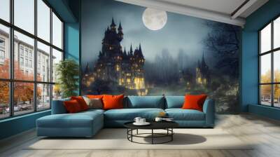 Fantasy castle on a full moon night.  Wall mural