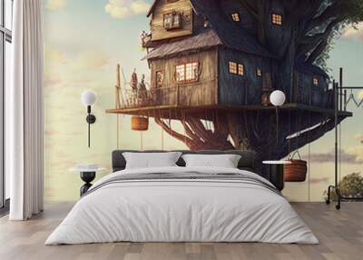 Fantasy treehouse. Dwelling of magical creatures like elves, gnomes, goblins and fairies.  Wall mural