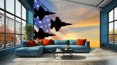 Fighter aircrafts with USA flag against the sunset sky. EPS10 vector Wall mural